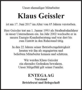 Traueranzeige von Klaus Geißler von Trauerportal Echo Online