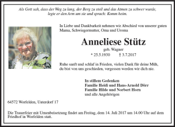 Traueranzeige von Anneliese Stütz von Trauerportal Echo Online