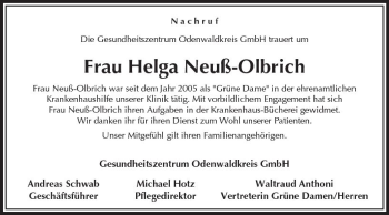 Traueranzeige von Helga Neuß-Olbrich von Trauerportal Echo Online