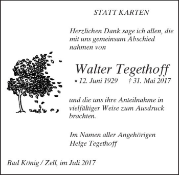 Traueranzeige von Walter Tegethoff von Trauerportal Echo Online