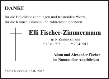 Traueranzeige von Elli Fischer-Zimmermann von Trauerportal Rhein Main Presse