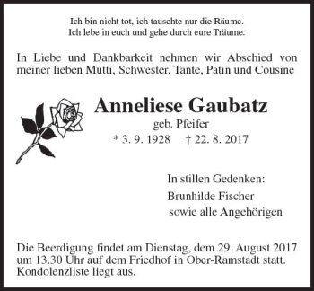 Traueranzeige von Anneliese Gaubatz von Trauerportal Echo Online