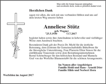 Traueranzeige von Anneliese Stütz von Trauerportal Echo Online