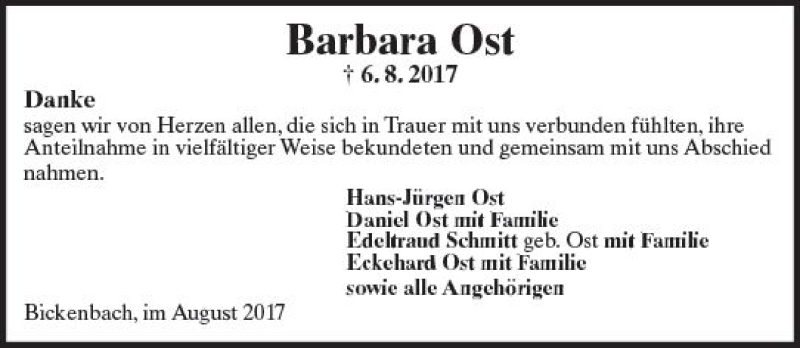  Traueranzeige für Barbara Ost vom 26.08.2017 aus Trauerportal Echo Online