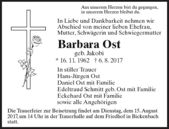 Traueranzeige von Barbara Ost von Trauerportal Echo Online