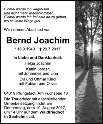 Traueranzeige von Bernd Joachim von Trauerportal Echo Online