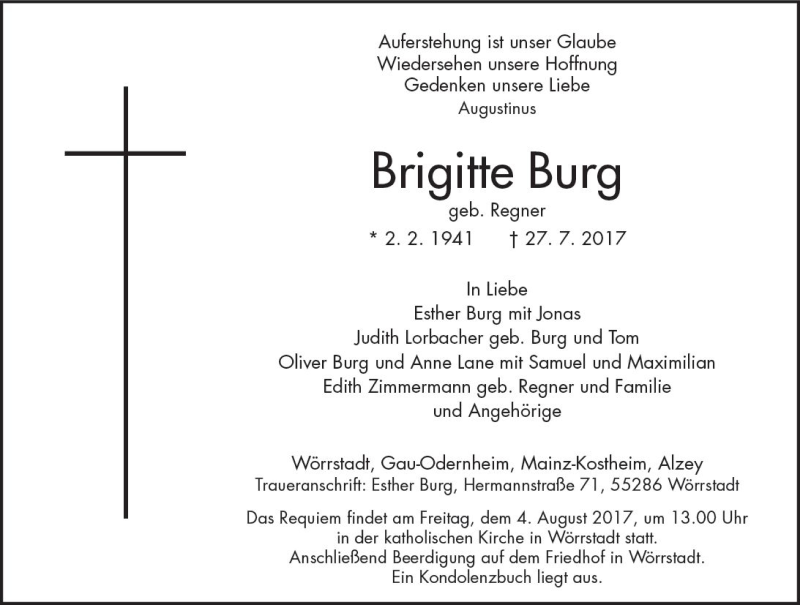  Traueranzeige für Brigitte Burg vom 01.08.2017 aus Trauerportal Rhein Main Presse