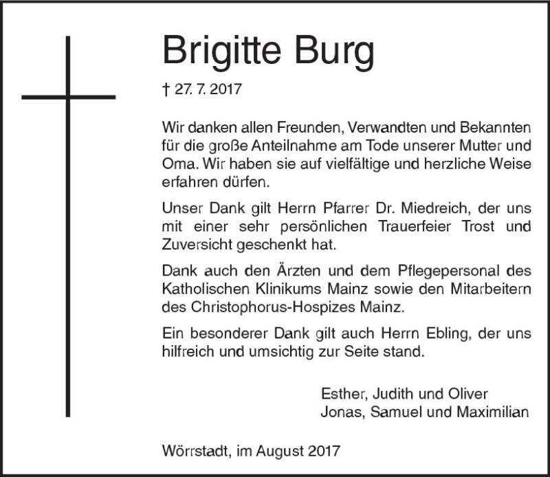  Traueranzeige für Brigitte Burg vom 26.08.2017 aus Trauerportal Rhein Main Presse