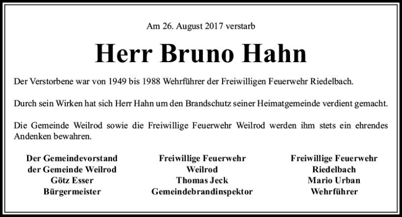  Traueranzeige für Bruno Hahn vom 31.08.2017 aus  Usinger Anzeiger