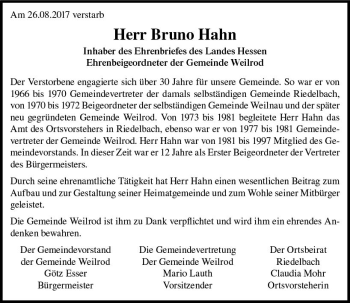 Traueranzeige von Bruno Hahn von  Usinger Anzeiger