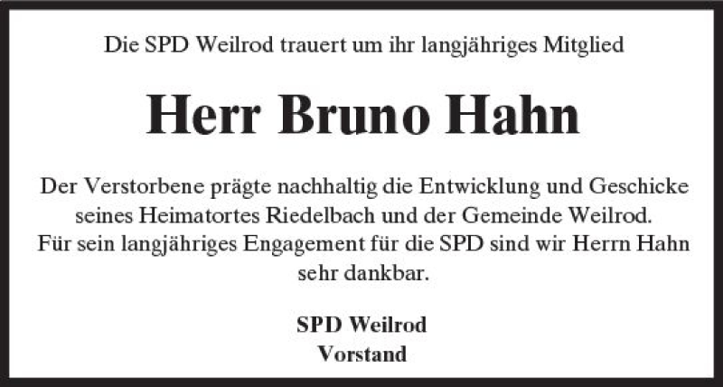 Traueranzeige für Bruno Hahn vom 30.08.2017 aus  Usinger Anzeiger