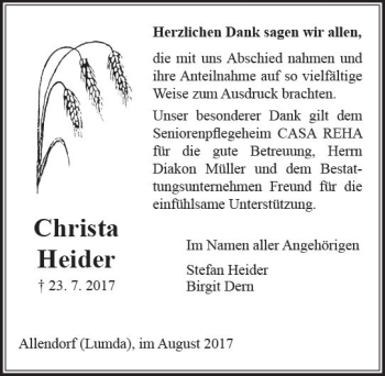 Traueranzeige von Christa Heider von  Gießener Anzeiger