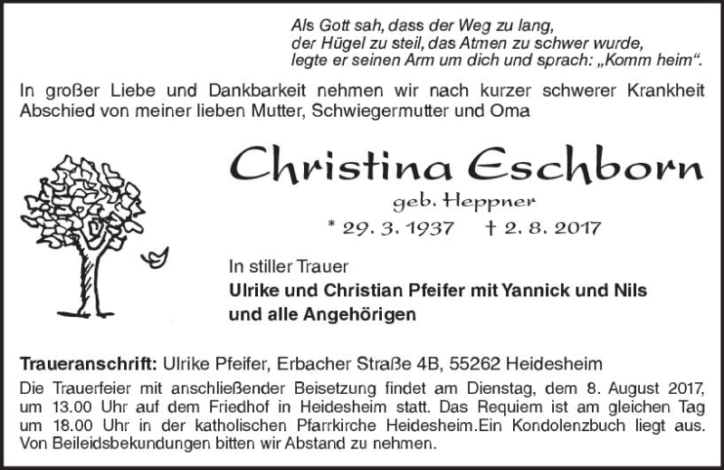 Traueranzeige für Christina Eschborn vom 05.08.2017 aus Trauerportal Rhein Main Presse