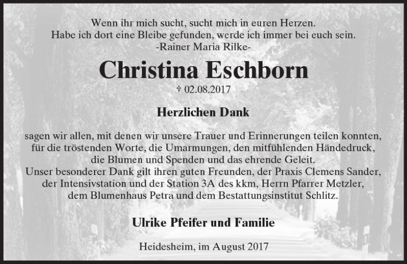  Traueranzeige für Christina Eschborn vom 26.08.2017 aus Trauerportal Rhein Main Presse