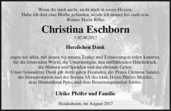 Traueranzeige von Christina Eschborn von Trauerportal Rhein Main Presse