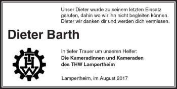 Traueranzeige von Dieter Barth von Trauerportal Echo Online