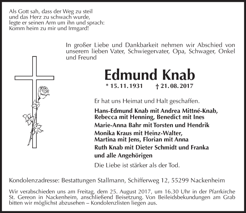  Traueranzeige für Edmund Knab vom 23.08.2017 aus Trauerportal Rhein Main Presse
