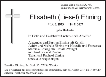 Traueranzeige von Elisabeth Ehning von  Usinger Anzeiger