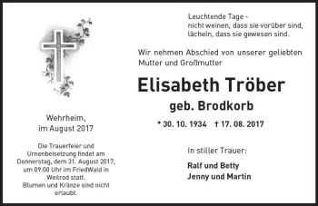 Traueranzeige von Elisabeth Tröber von  Usinger Anzeiger