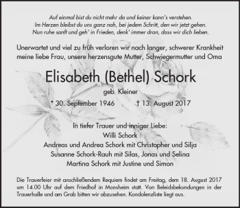 Traueranzeige von Elisabeth Redfiel Schork von Trauerportal Rhein Main Presse