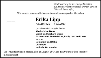 Traueranzeige von Erika Lipp von Trauerportal Echo Online