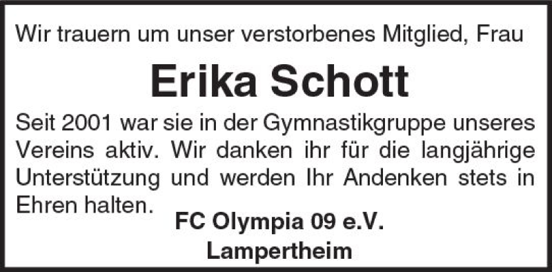  Traueranzeige für Erika Schott vom 16.08.2017 aus Trauerportal Echo Online