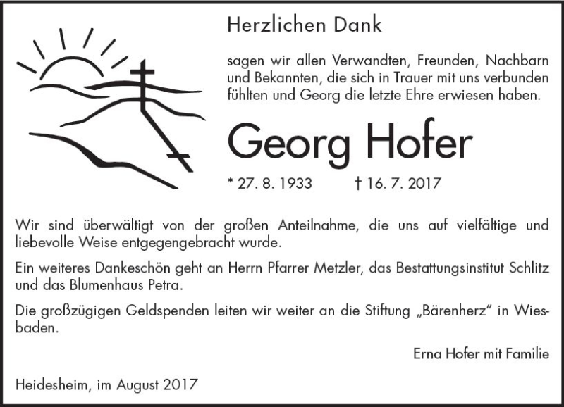  Traueranzeige für Georg Hofer vom 19.08.2017 aus Trauerportal Rhein Main Presse