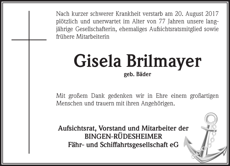  Traueranzeige für Gisela Brilmayer vom 23.08.2017 aus Trauerportal Rhein Main Presse