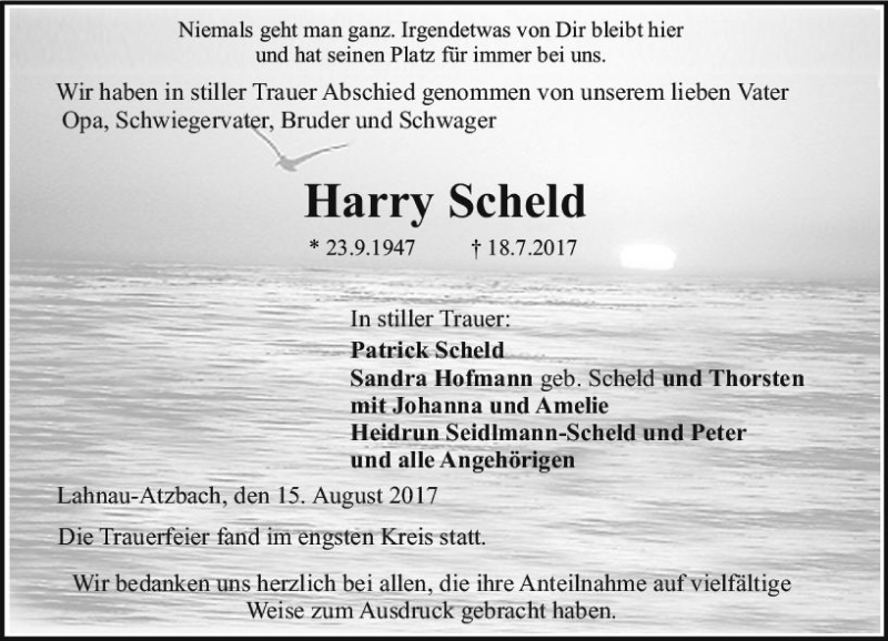  Traueranzeige für Harry Scheld vom 15.08.2017 aus  Gießener Anzeiger