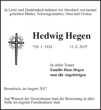 Traueranzeige von Hedwig Hegen von Trauerportal Echo Online