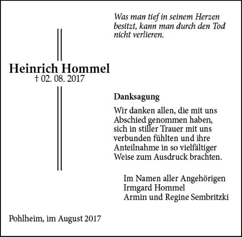  Traueranzeige für Heinrich Hommel vom 24.08.2017 aus  Gießener Anzeiger