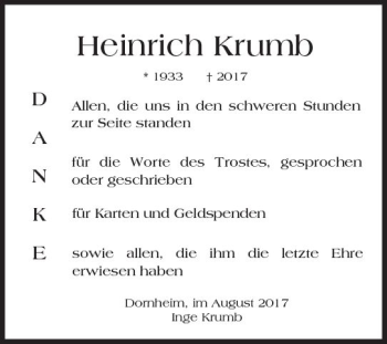 Traueranzeige von Heinrich Krumb von Trauerportal Echo Online