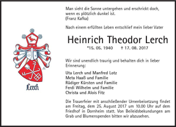 Traueranzeige von Heinrich Theodor Lerch von Trauerportal Echo Online