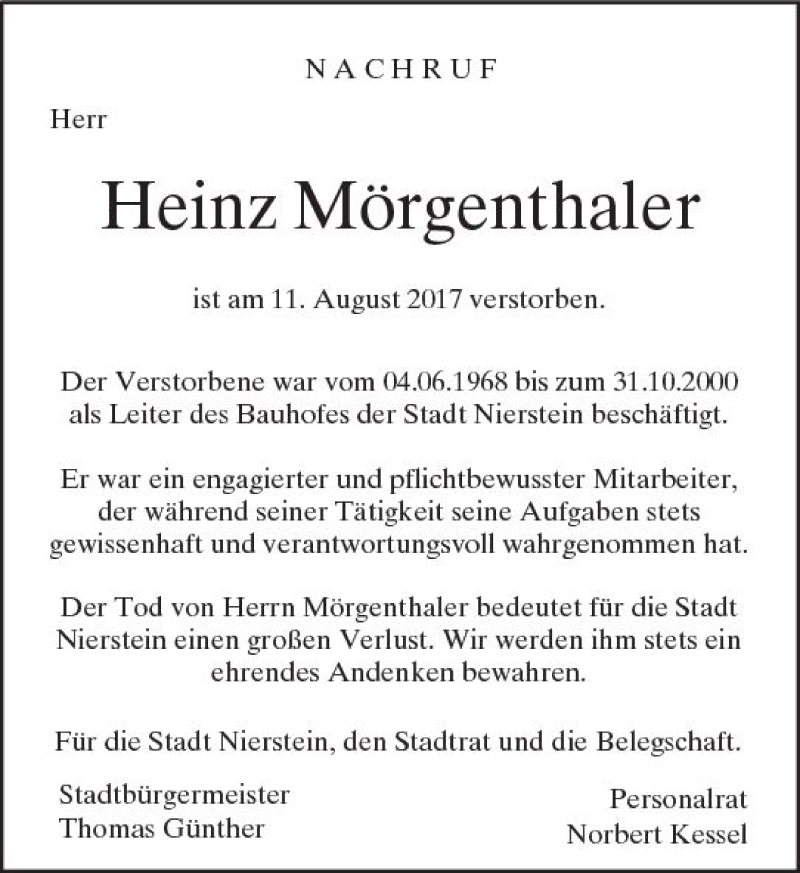  Traueranzeige für Heinz Mörgenthaler vom 24.08.2017 aus Trauerportal Rhein Main Presse