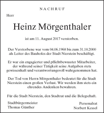 Traueranzeige von Heinz Mörgenthaler von Trauerportal Rhein Main Presse