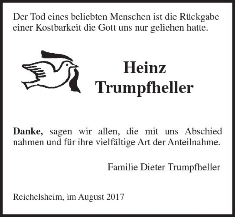  Traueranzeige für Heinz Trumpfheller vom 05.08.2017 aus Trauerportal Echo Online