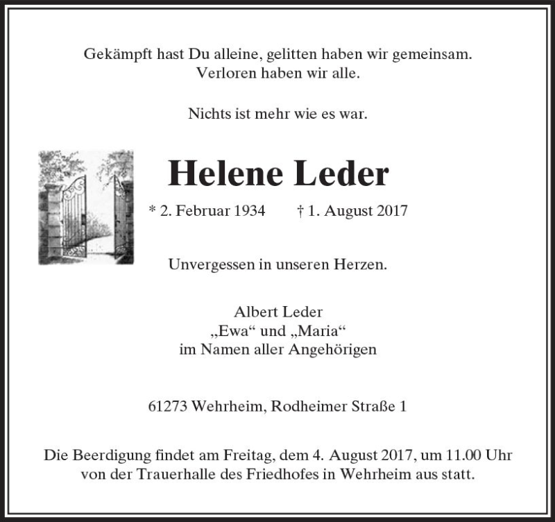  Traueranzeige für Helene Leder vom 03.08.2017 aus  Usinger Anzeiger