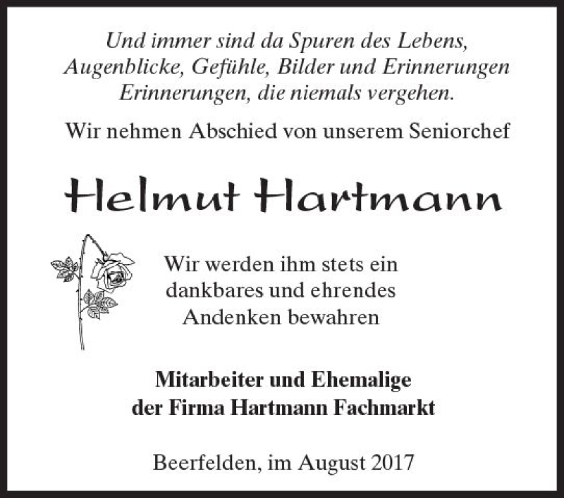  Traueranzeige für Helmut Hartmann vom 18.08.2017 aus Trauerportal Rhein Main Presse