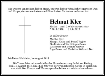 Traueranzeige von Helmut Klee von  Gießener Anzeiger
