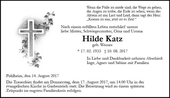Traueranzeige von Hilde Katz von  Gießener Anzeiger