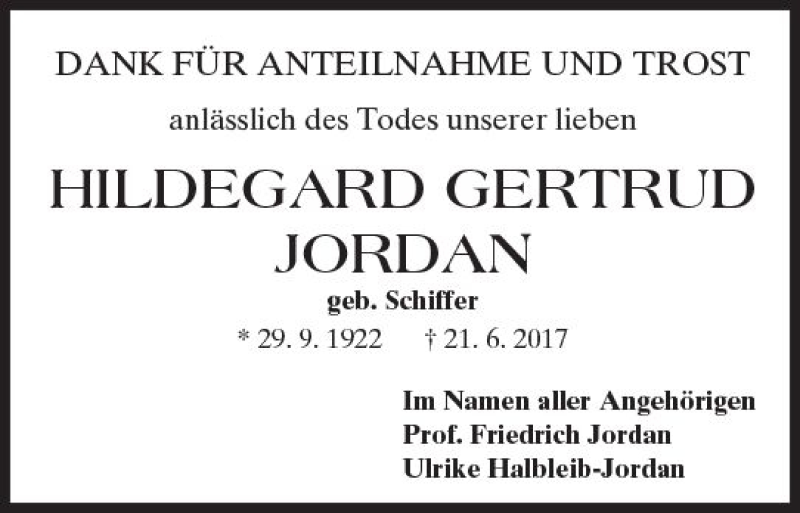  Traueranzeige für Hildegard Gertrud Jordan vom 12.08.2017 aus Trauerportal Rhein Main Presse