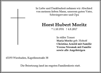 Traueranzeige von Horst Hubert Moritz von Trauerportal Rhein Main Presse