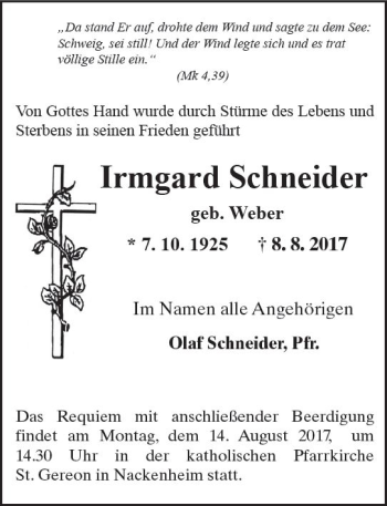 Traueranzeige von Irmgard Schneider von Trauerportal Rhein Main Presse
