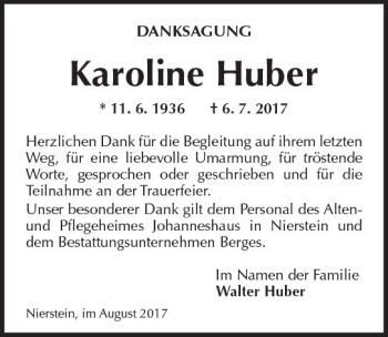 Traueranzeige von Karoline Huber von Trauerportal Rhein Main Presse