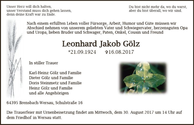  Traueranzeige für Leonhard Jakob Gölz vom 26.08.2017 aus Trauerportal Echo Online