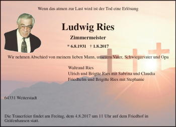 Traueranzeige von Ludwig Ries von Trauerportal Echo Online