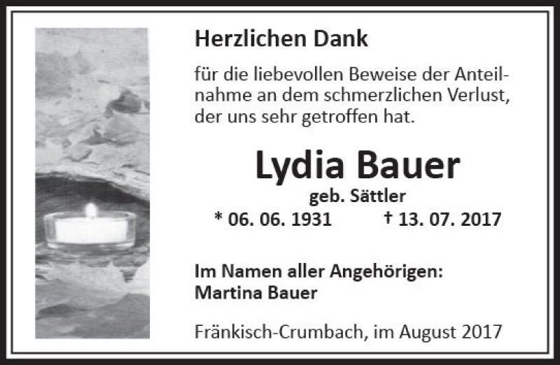  Traueranzeige für Lydia Bauer vom 26.08.2017 aus Trauerportal Echo Online