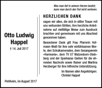 Traueranzeige von Otto Ludwig Happel von  Gießener Anzeiger