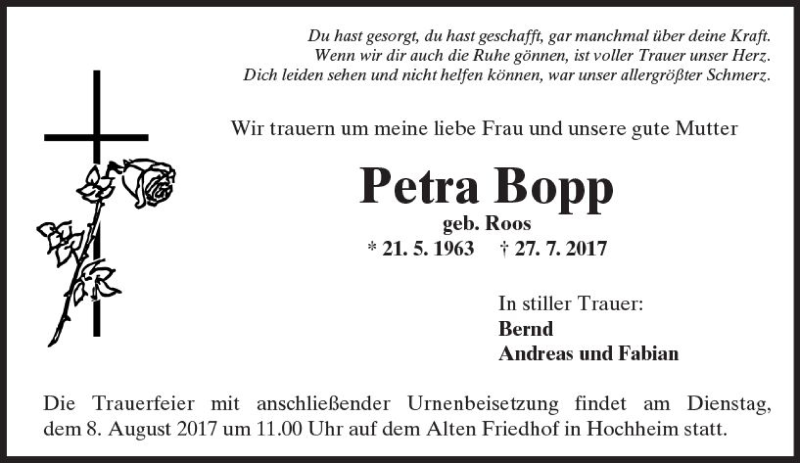  Traueranzeige für Petra Bopp vom 04.08.2017 aus Trauerportal Rhein Main Presse