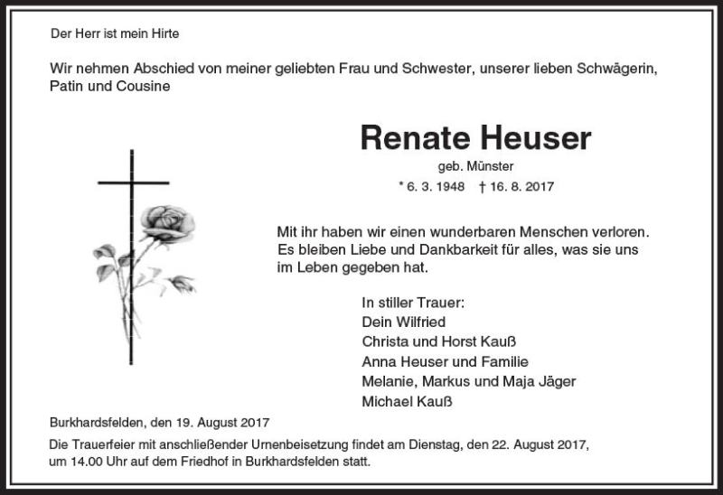  Traueranzeige für Renate Heuser vom 19.08.2017 aus  Gießener Anzeiger
